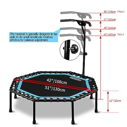ONETWOFIT 51" Silent Trampoline for Adults: Adjustable Handle Bar Cardio Workout Trainer